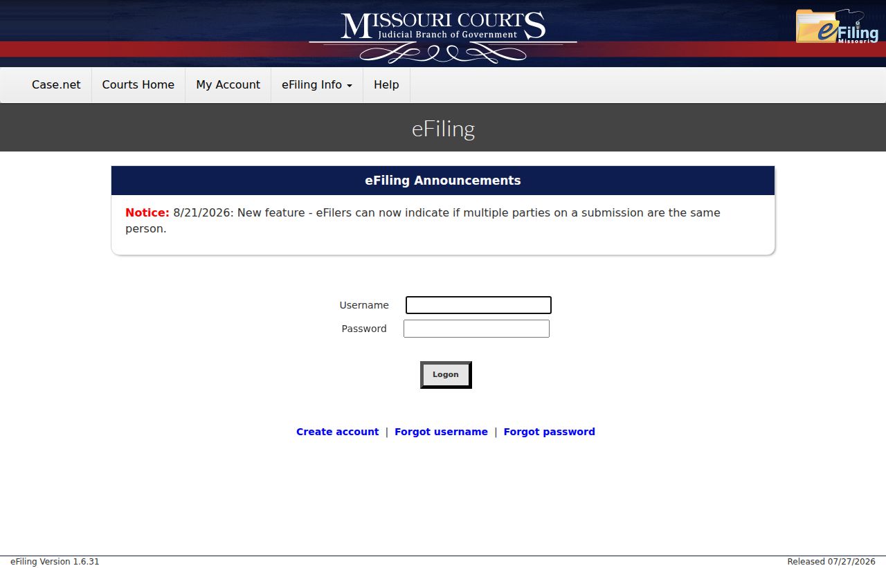 Adair County docket search Missouri eFiling system access page
