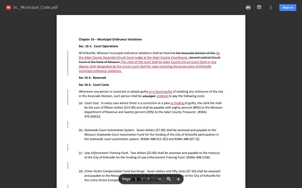 Kirksville court records municipal code source